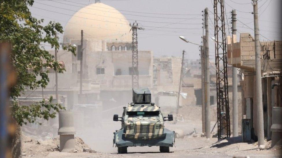 A military vehicle of the SDF in the west of Raqqa province, Syria, 18 June 2017