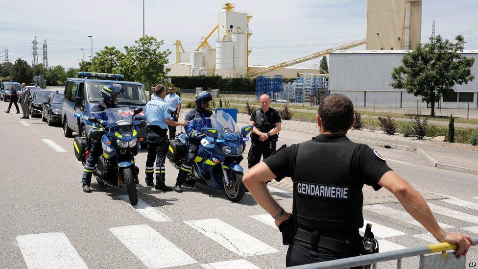 Police outside the factory in Saint-Quentin-Fallavier, Lyon, France, on 26 June 2015