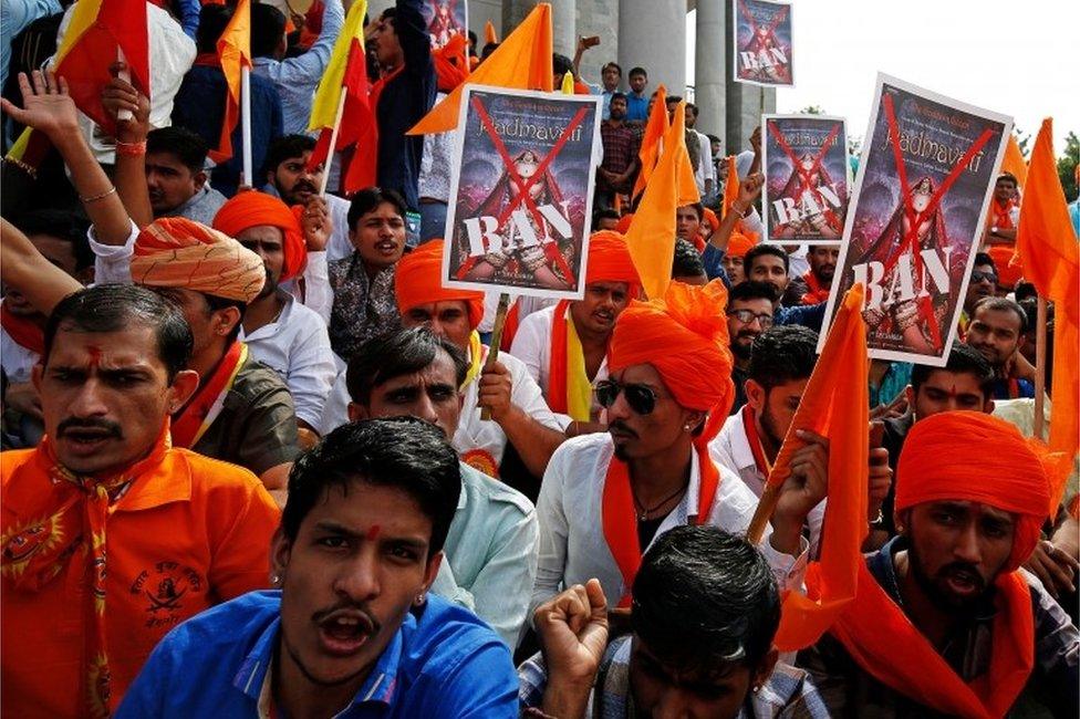 Demonstrators chant slogans as they protest against the release of the upcoming Bollywood movie "Padmavati" in Bengaluru, India, November 15, 2017.