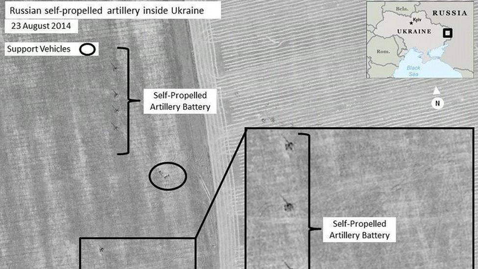 Satellite images from August 2014 purportedly showing Russian combat forces in Ukraine