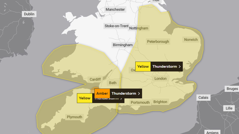 map showing at yellow weather warning for south Wales, south England and the east Midlands and an amber warning for Devon and Somerset