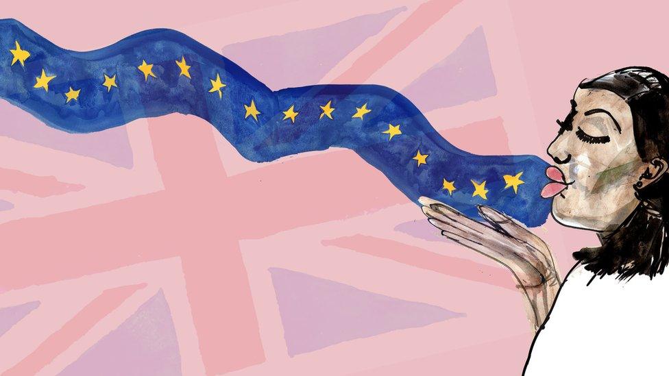 Illustration of a woman blowing a kiss outwards with the EU flag emanating from it, and a UK flag in the background