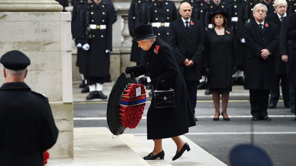 The Queen laying the wreath at the Cenotaph