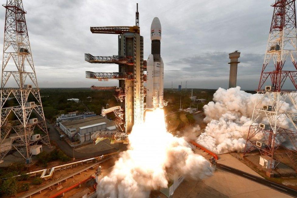 A handout photo made available by the Indian Space Research Organisation (ISRO) shows ISRO orbiter vehicle "Chandrayaan-2", India"s first moon lander and rover mission planned and developed by the ISRO GSLV MKIII-M1, blasting off from a launch pad at Satish Dhawan Space Centre in Sriharikota, in the Southern Indian state of Tamil Nadu, India, 22 July 2019