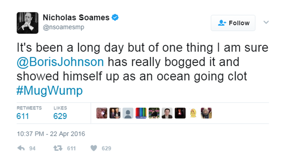 Nicholas Soames calls Boris a mugwump in April 2016