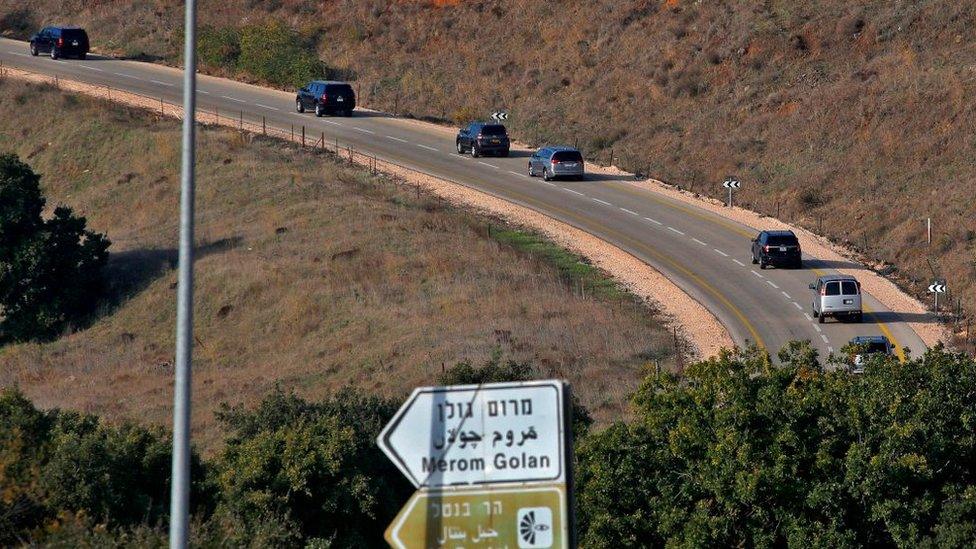 US Secretary of State Mike Pompeo's convoy travels to the Israeli-occupied Golan Heights