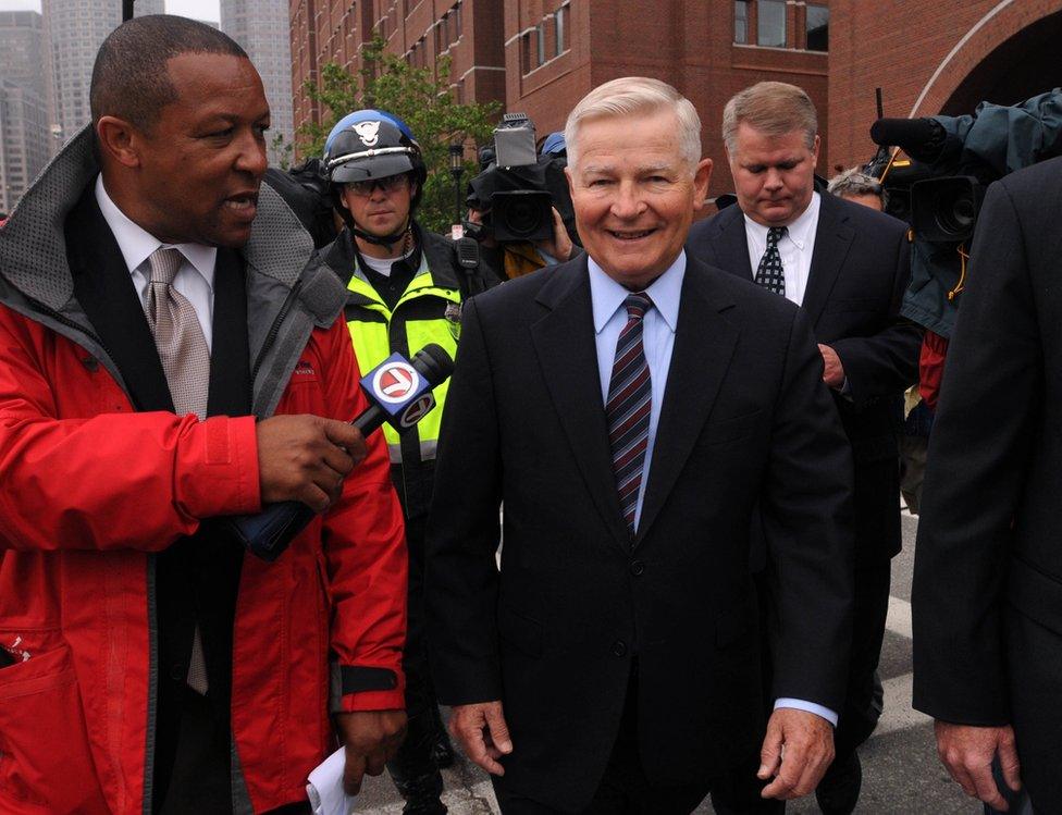 Former Massachusetts Senator William Bulger speaks to TV reporters