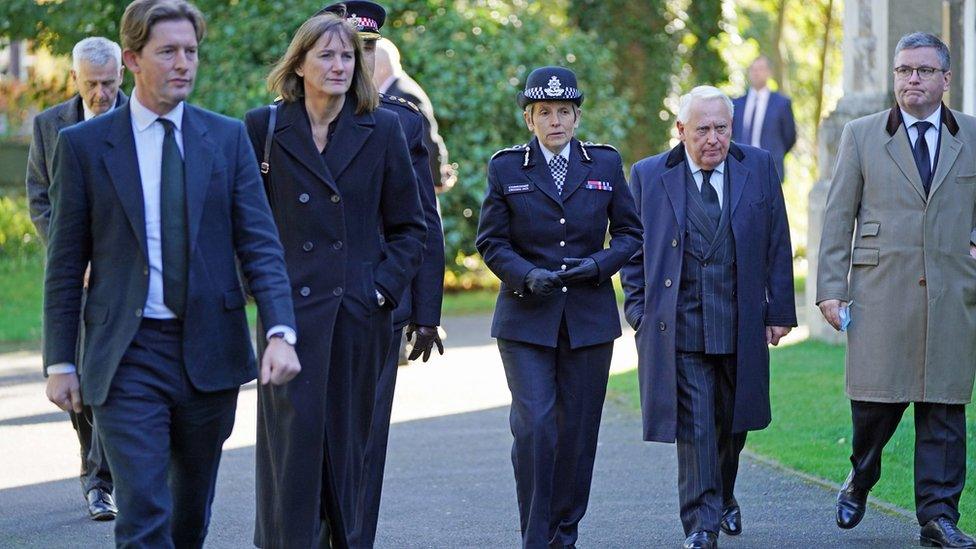 Metropolitan Police Commissioner Cressida Dick (centre) arrives for the funeral of James Brokenshire at St John The Evangelist church in Bexley