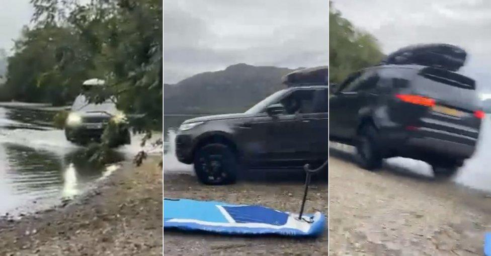 Three stills from a video showing a black Land Rover being driven by people on a beach