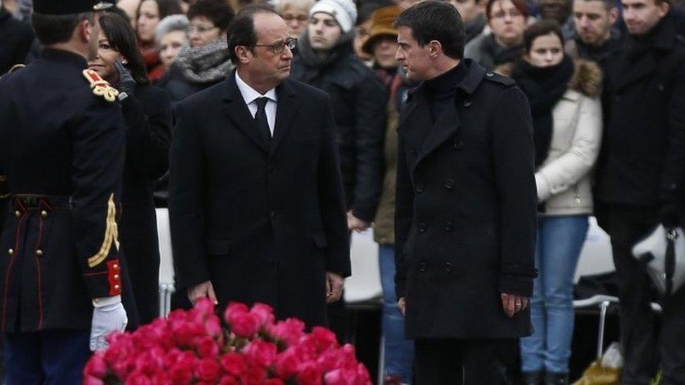 President Hollande and PM Manuel Valls in the Place de la Republique, 10 January 2016