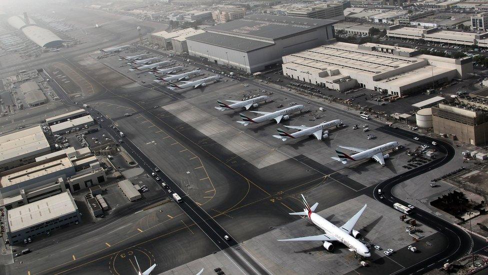 An aerial view shows Dubai international airport, home to the national carrier Emirates Airways, on May 27, 2012.