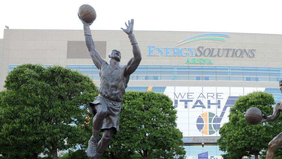 Statue of Karl Malone outside the home of the Utah Jazz.