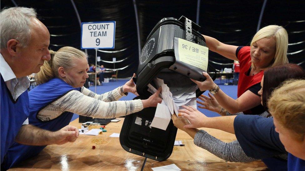 The first Ballot boxes are opened at the Titanic Exhibition centre, Belfast