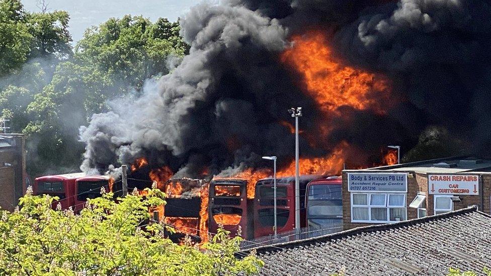 Buses on fire at a Potters Bar bus garage