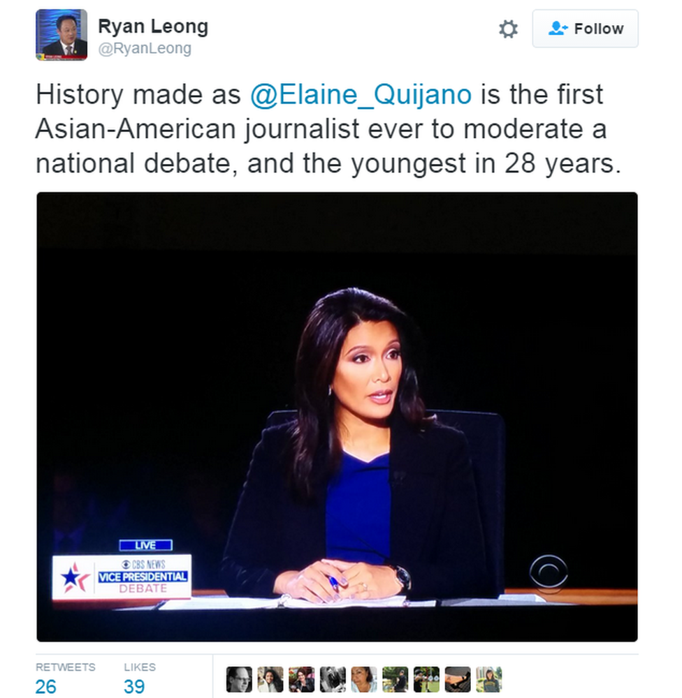 Tweet saying: "History made as @Elaine_Quijano is the first Asian-American journalist ever to moderate a national debate, and the youngest in 28 years".