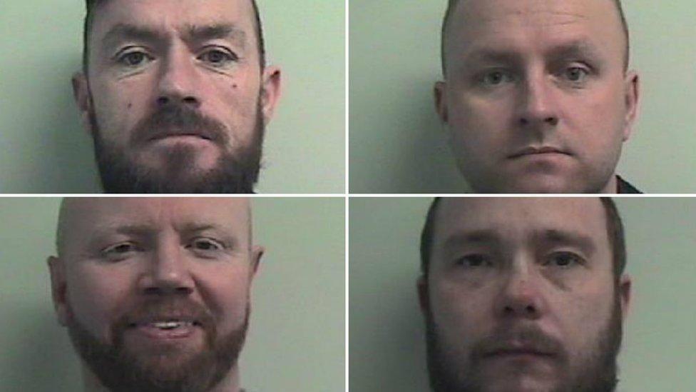 Grainy police mugshots of four of the six man convicted of a spate of murder bids on Daniel family associates in 2019 included (clockwise, from top left) Peter Bain, Brian Ferguson, Andrew Gallacher and John Hardie. The men are all pictured from the chin up. Bain has a dark hair, a beard and is expressionless. Ferguson has short dark hair and is also serious. Gallacher has dark hair and a beard and is expressionless. Hardie is balding and has red hair and a beard. He is grinning in the image.
