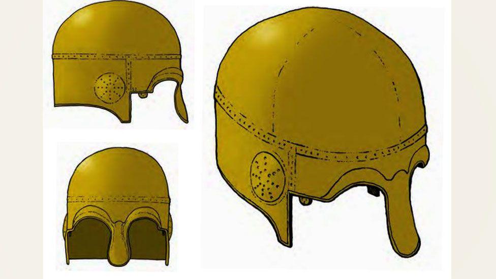 An artist's illustration by Craig Williams of an Iron Age helmet. It shows three views, on the left a side view with its nose piece and below it a full frontal view showing ridges over the eyebrows. The third view on the right is slightly angled to the right and shows a line of decorative dots around its rim.