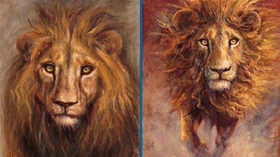 Pair of portrait paintings of lions - on the left showing the full face of one close up and on the right a lion running towards the viewer.