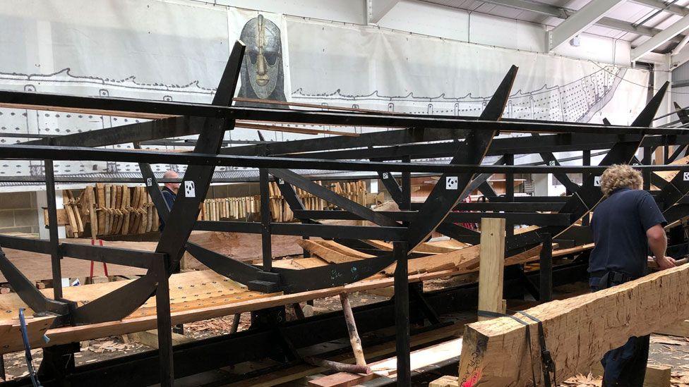 A replica of the Sutton Hoo ship half way through its build