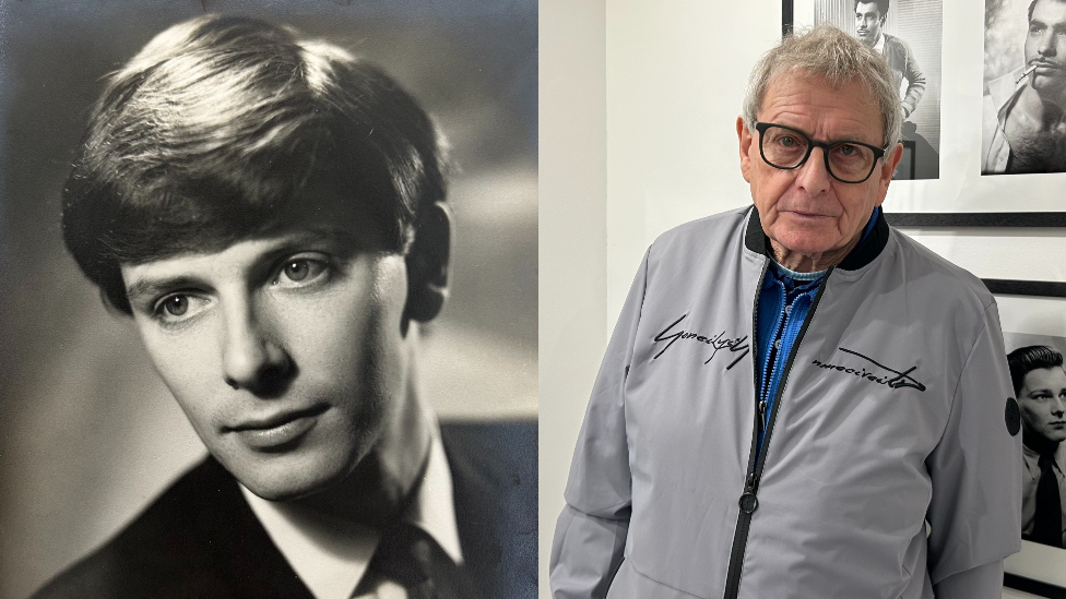 A black and white portrait of David Wilson, left, taken in the 1960s, next to a photo of him taken today. David is wearing a grey coat and has grey hair in the photo on the right