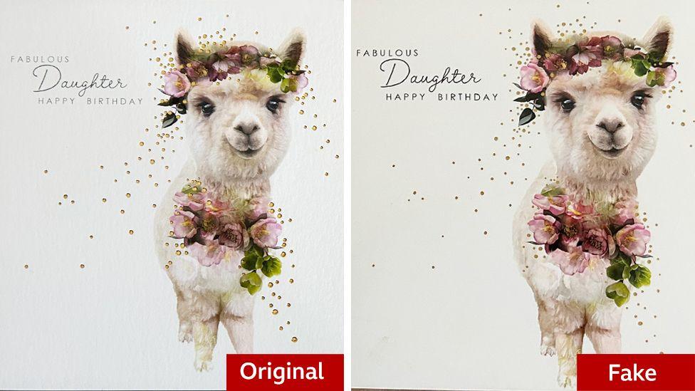 Two versions of the same design of birthday card with the one on the left marked as original and the one on the right marked as fake. The card shows a painting of a fluffy white alpaca with a floral headband on and holding flowers. The card text says fabulous daughter happy birthday. The fake card is darker and the brush strokes, texture and gilding are lost.
