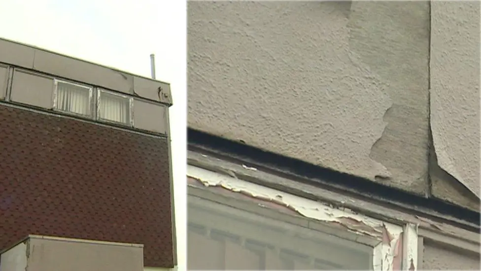 Cross section photos of path lab at Wrexham hospital, taken in 2019, a temporary building now 48 years old