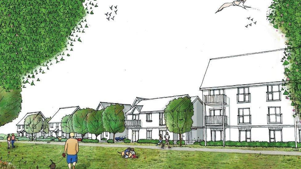 A sketch of plans for new homes. The homes are drawn in black and white with green trees and grass in the foreground.