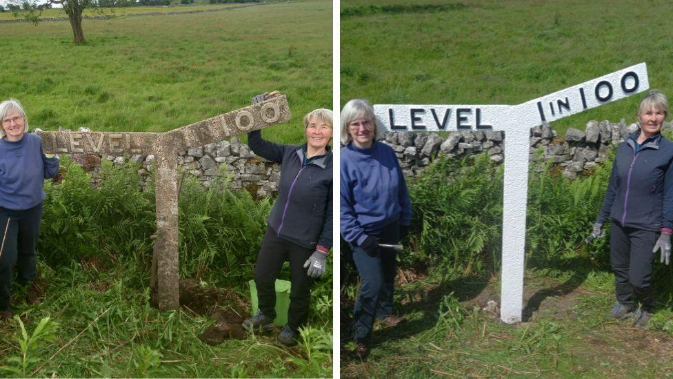 Volunteers standing with gradient boards before and after they were renovated