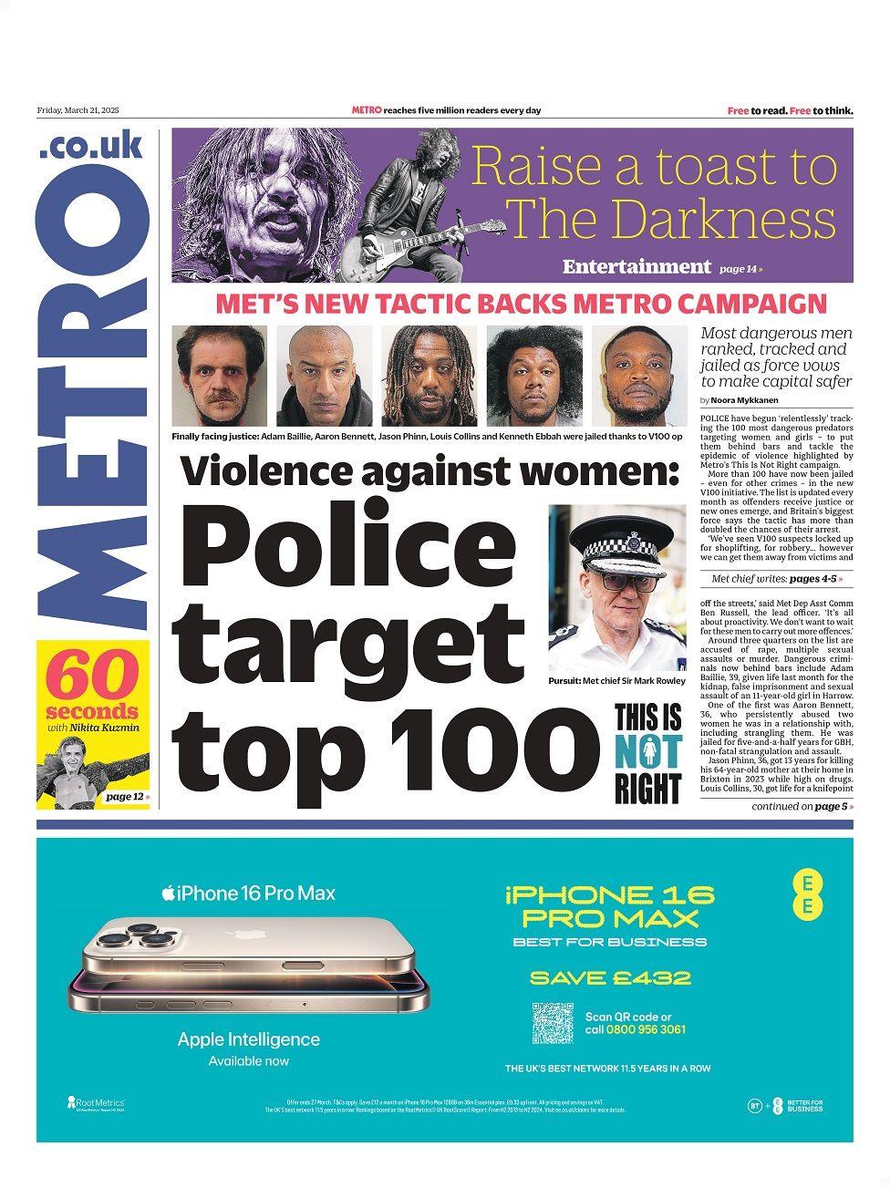 Front page of the Metro paper for Friday 21 March 2025.