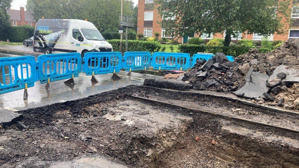 Tram track under Leicester roadworks