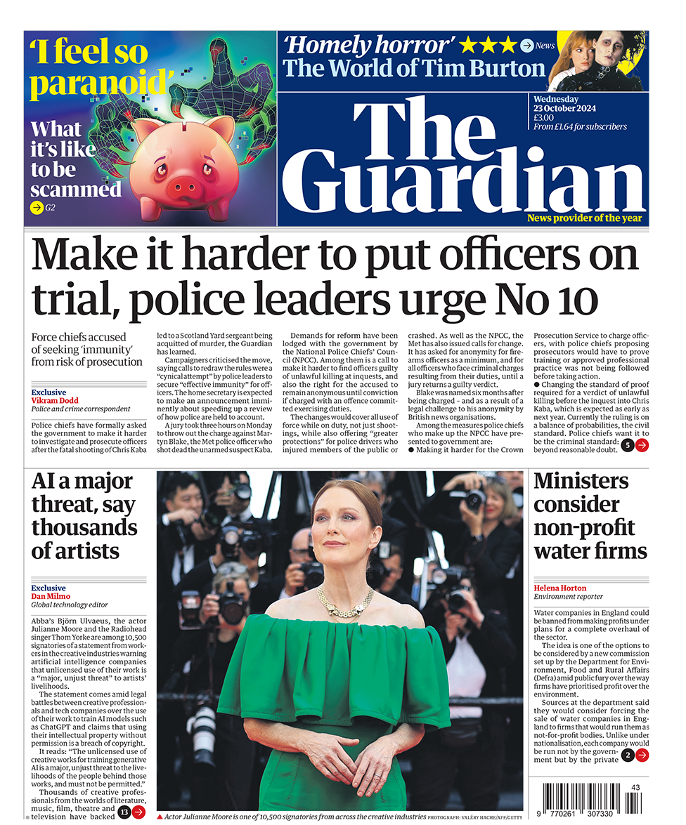 The headline in the Guardian reads: "Make it harder to put officers on trial, police leaders urge No 10". 