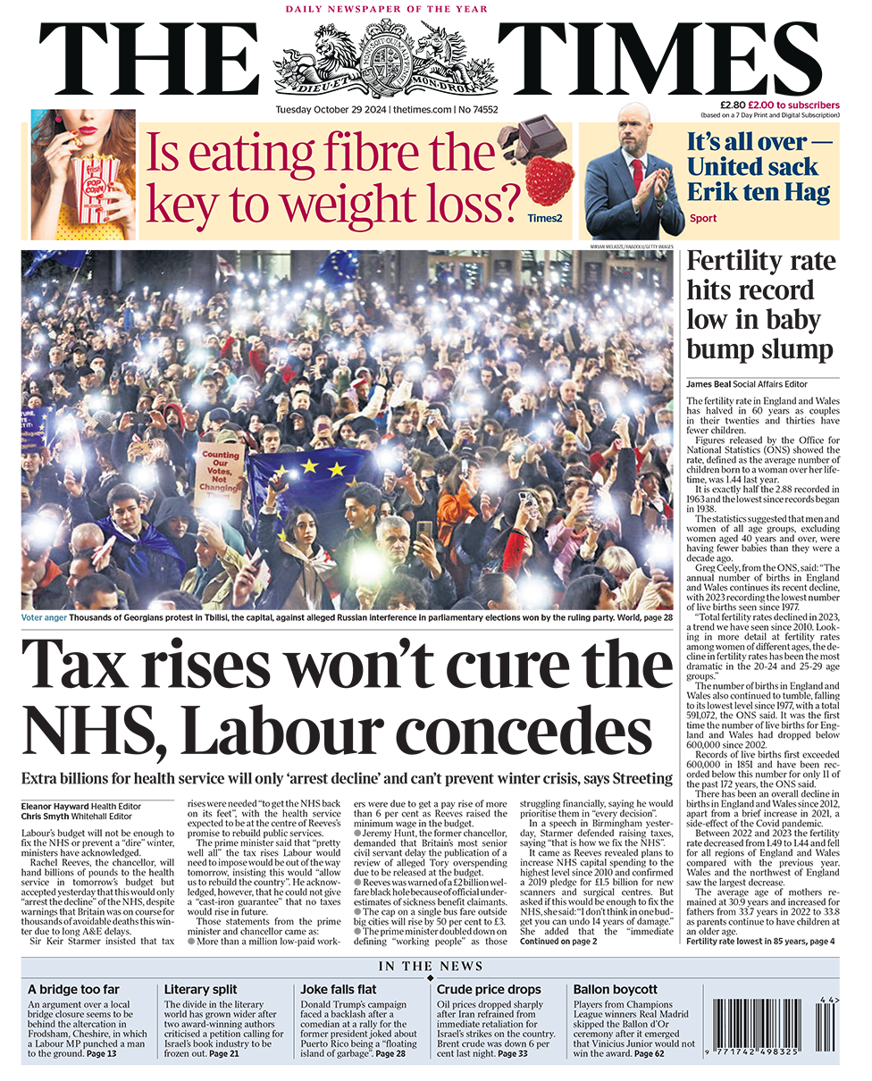 The headline in the Times reads: "Tax rises won't cure the NHS, Labour concedes". 