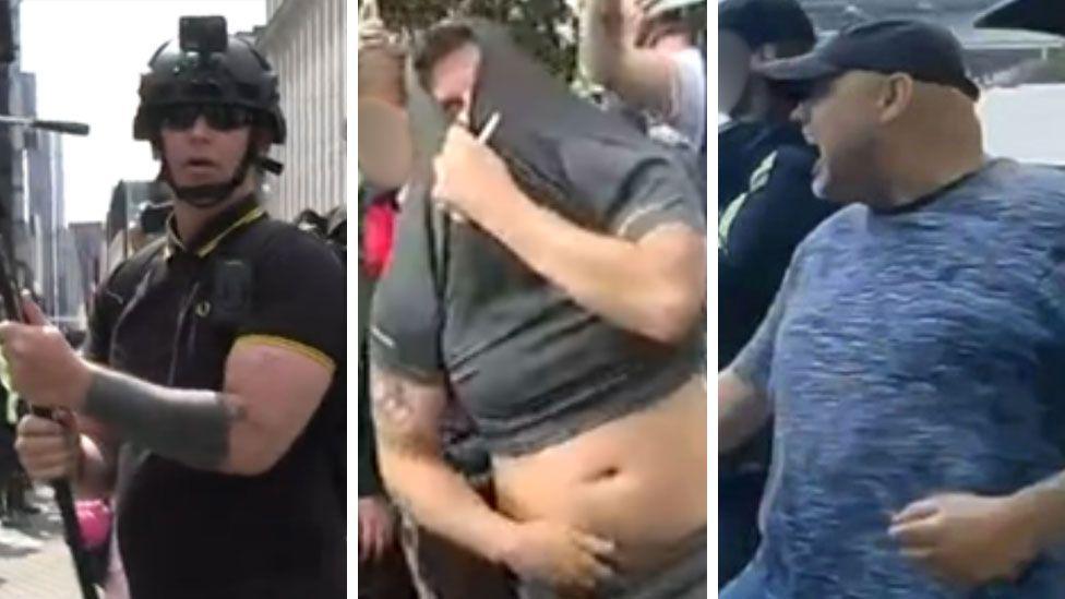 Three CCTV images of men side by side, one on far left holding bar with helmet on, middle covering his face with his top and the right wearing a blue tee and a baseball cap 