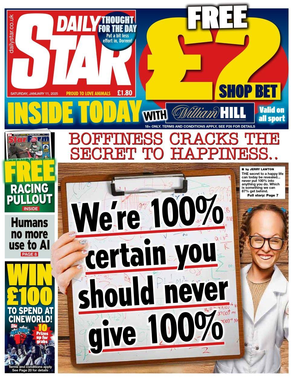 The headline in the Daily Star reads: We're 100% certain you should never give 100%