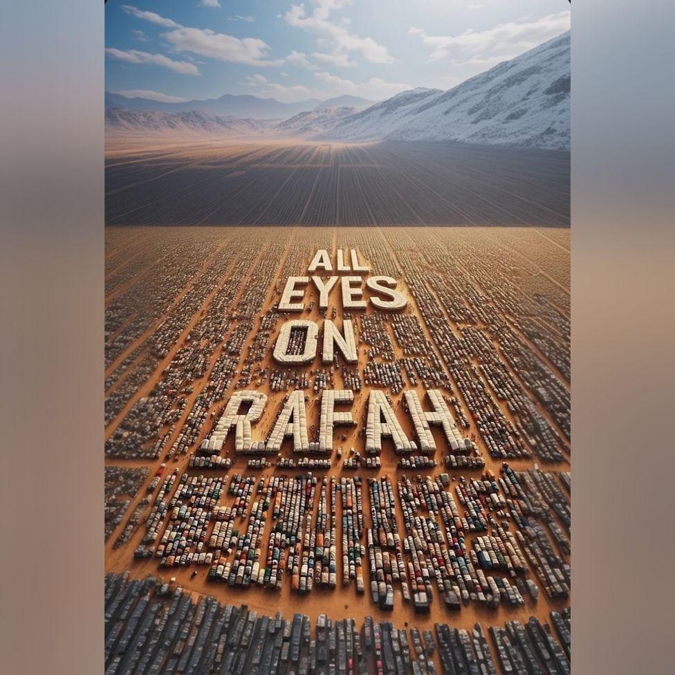 An AI-generated image shows orderly lines of tents in rows with mountains in the background. The words 'All Eyes on Rafah' features on top of the tents.