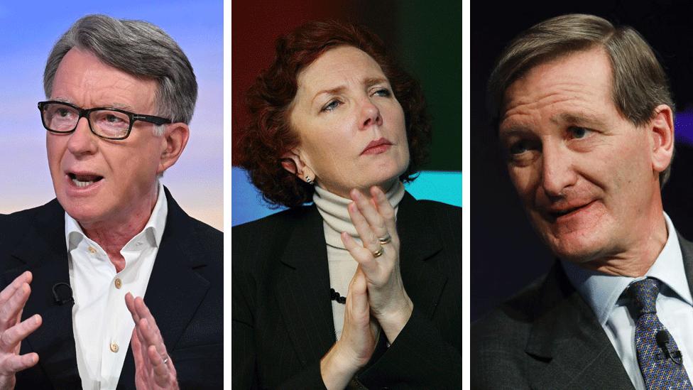 Pictures of Lord Peter Mandelson, Baroness Jan Royall, and Dominic Grieve.  Lord Mandelson has grey hair and glasses with black frames, and wears a suit jacket with a white shirt. Baroness Jan Royall has short red hair and wears a suit jacket with a cream pullover. Mr Grieve has grey/brown hair and wears a suit with a blue patterned tie.