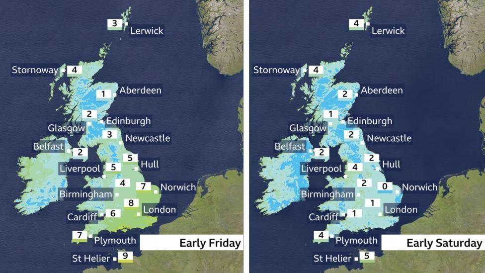 Overnight temperature forecast charts for Friday and Saturday