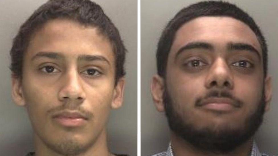 A composite image of two police mugshots. On the left is a young man with short stubble around his moustache and chin, on the right is a man with a black beard