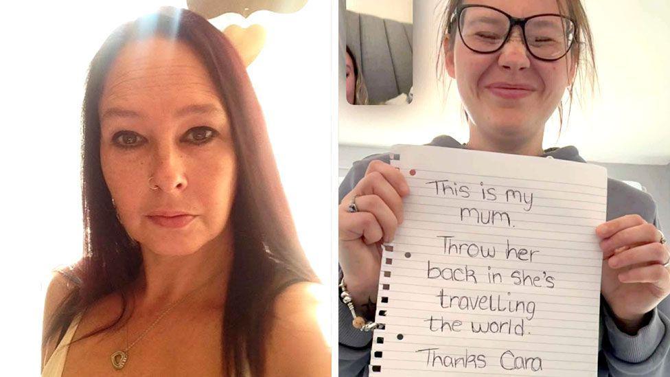 A composite picture with a photo of Wendy Chadwick. Wendy Chadwick is looking at the camera. She has long dark hair and a nose ring and a gold necklace and white top. Cara Melia is smiling, with her eyes closed, while holding the note put into the bottle. She has blonde hair which is tied up and is wearing glasses.