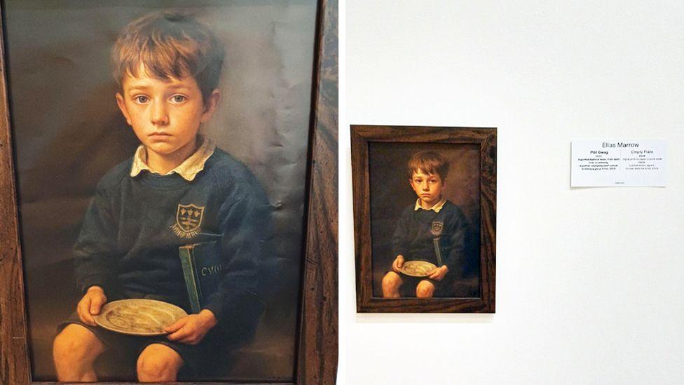 A digital print of a boy sitting on a chair in school uniform . He has a book under his arm and an empty plate on his lap. Next to it is a picture of this print on the wall within a gallery.  There is a white piece of paper next to it that has Elias Marrow and Empty Plate 2024 written on it.