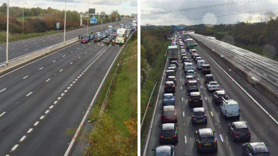 Two images next to each other. The left image shows a queue of vehicles across three lanes being held whilst the other carriageway is empty. The second image has been taken further back showing traffic queues as far as the eye can see.