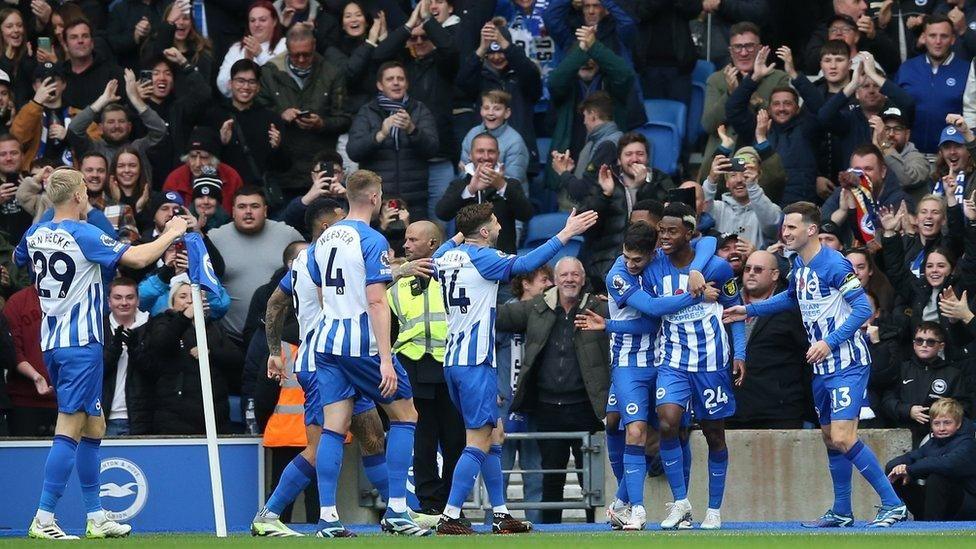 Brighton & Hove Albion FC players celebrating on the pitch