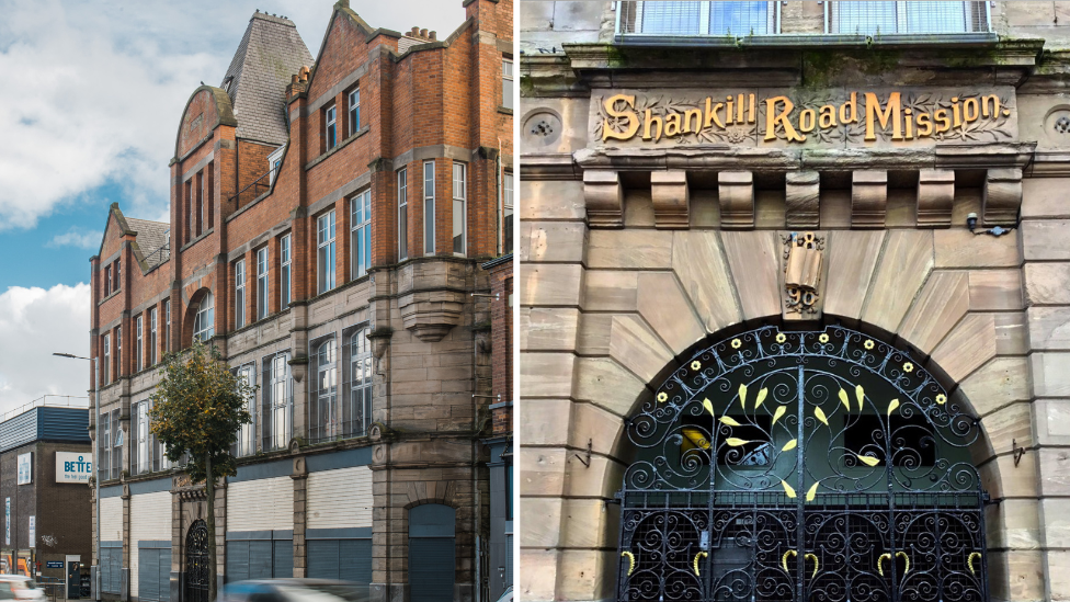 Exterior shots of Albert Hall, also known as Shankill Road Mission, large red brick building with ornate windows and gold lettering