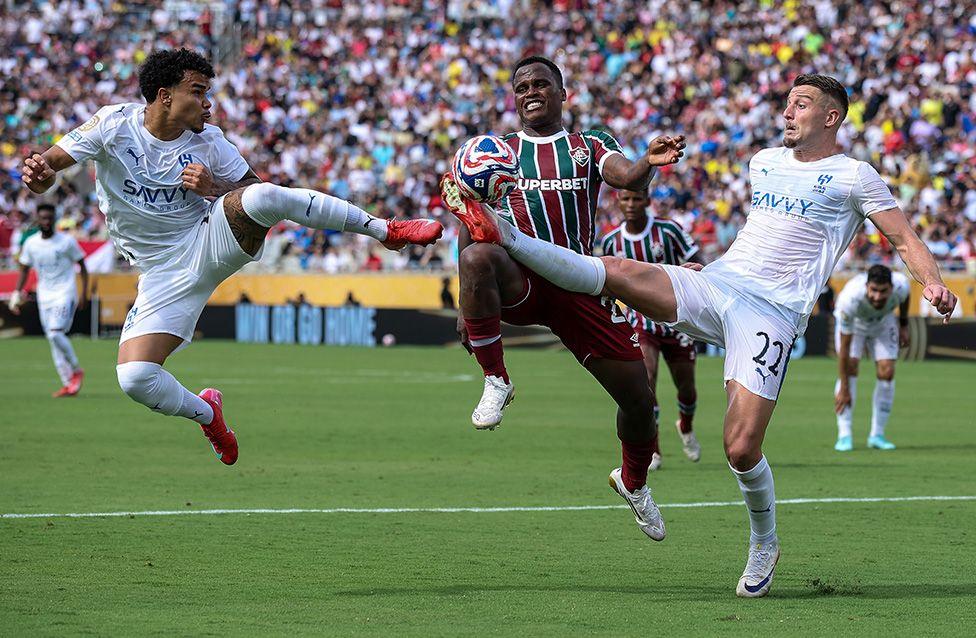 Kaio Cesar, Jhon Arias and Sergej Milinkovic-Savic battle for possession during the FIFA Club World Cup 2025 quarter final match between Fluminense and Al Hilal in Florida. Photo by Alex Grimm