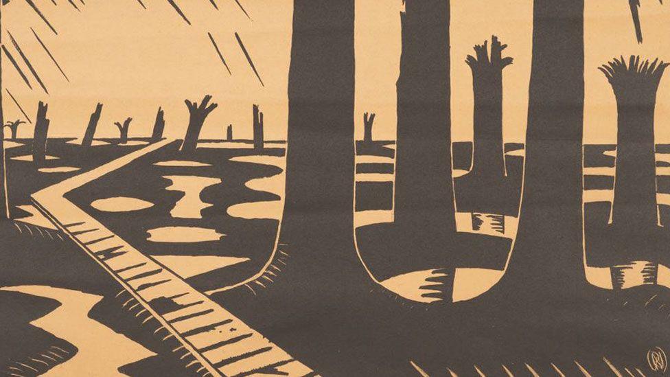 Paul Nash's Void of War, 1918, Lithograph on paper, a cream and brown stylized scene, with brown tree trunks, broken at the top, a cream walkway across a muddy ground and cream puddles beneath a cream slightly streaked sky