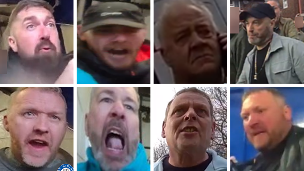 Another composite image of eight more men, most of them quite young but a couple could be older. Some are wearing football scarves.