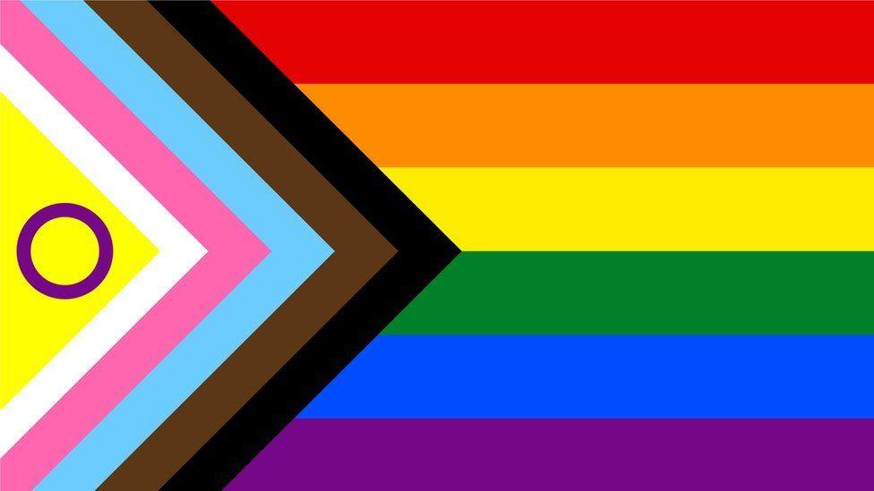 The Progress Pride flag, a rainbow flag also featuring black, brown, light blue, pink, white and a purple circle