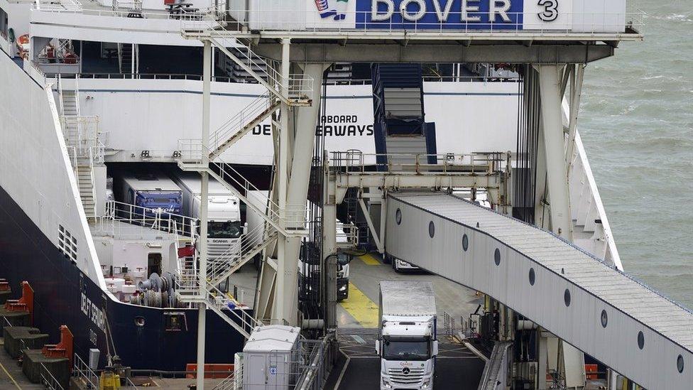 Cars and lorries depart at ferry in Dover