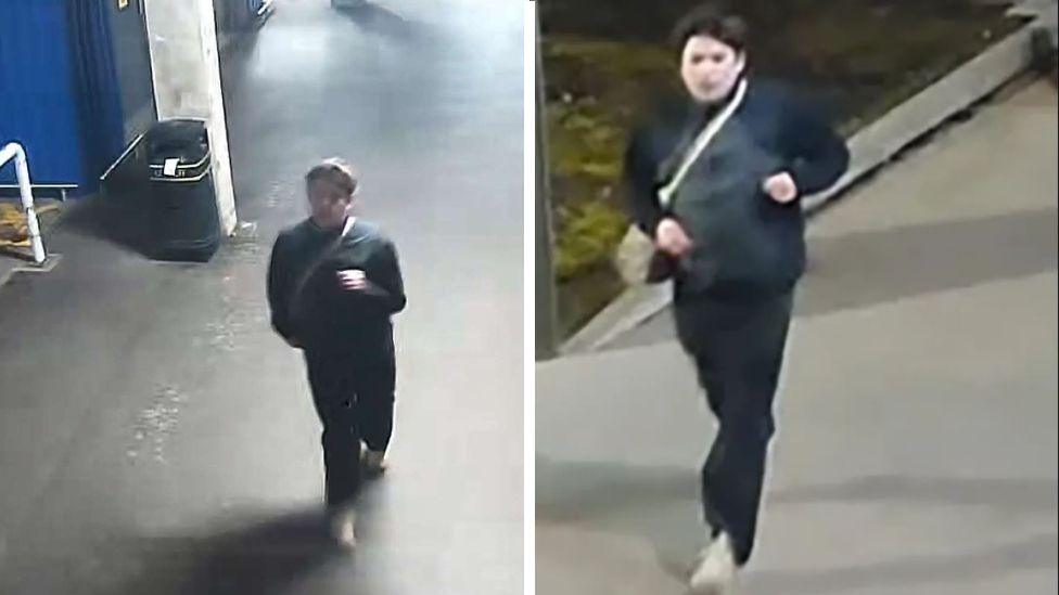 A CCTV image of Luis Piovesana, wearing black baggy jeans, cream-coloured trainers, a black and grey gilet and a cream cross body bag. 