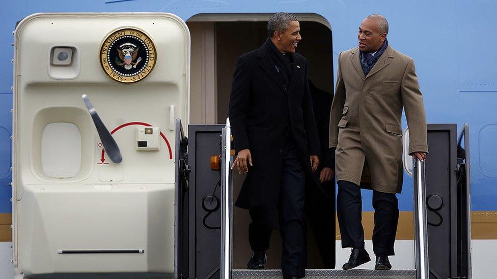 Barack Obama and Deval Patrick depart Air Force One